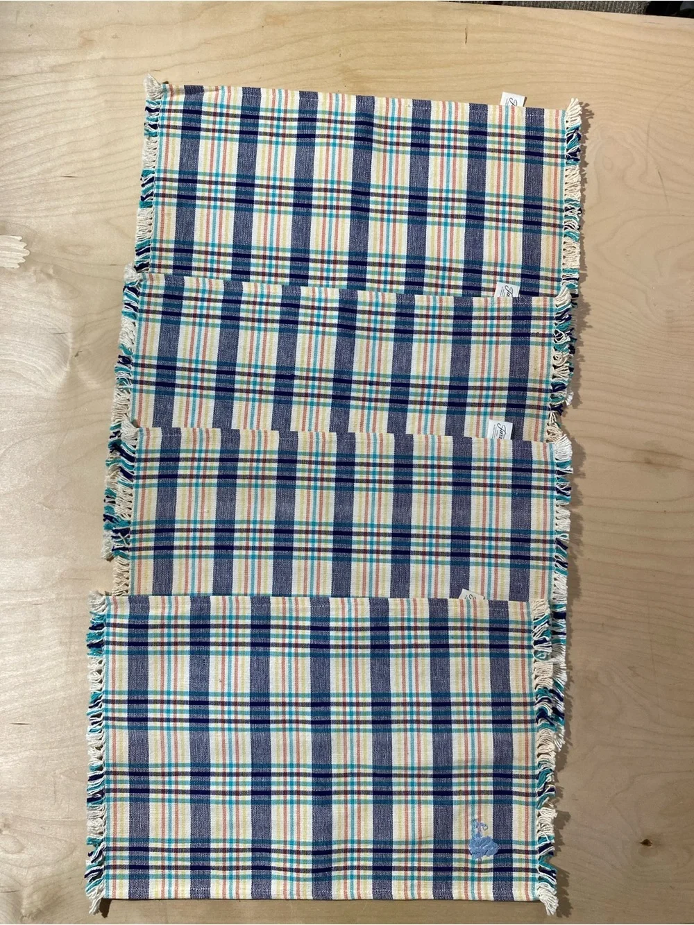 Set of 4 Fiesta Blue & Cream Plaid Placemats with Fringe (RK)